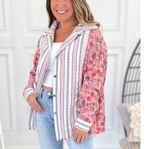 Blue Velvet Pick Me Button Up Floral Pink Striped Top Size S NEW